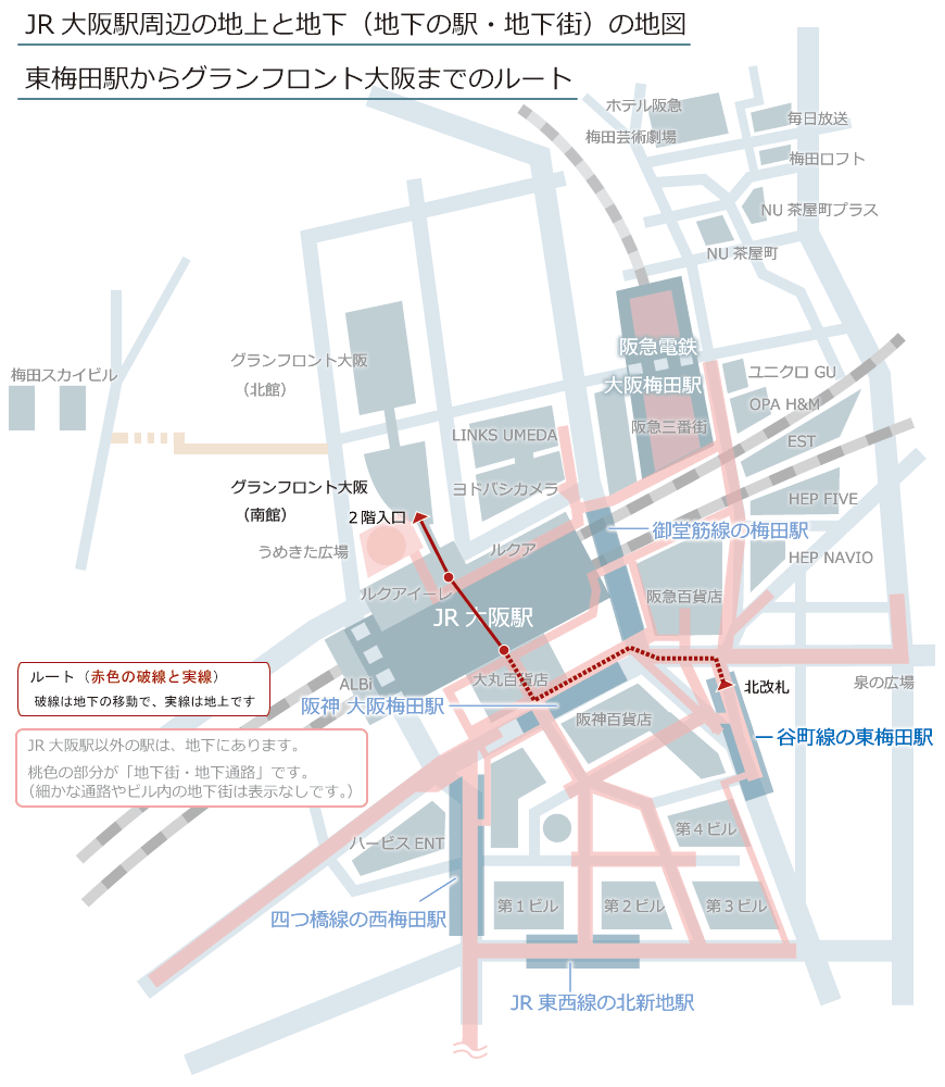東梅田駅とグランフロント大阪の位置関係