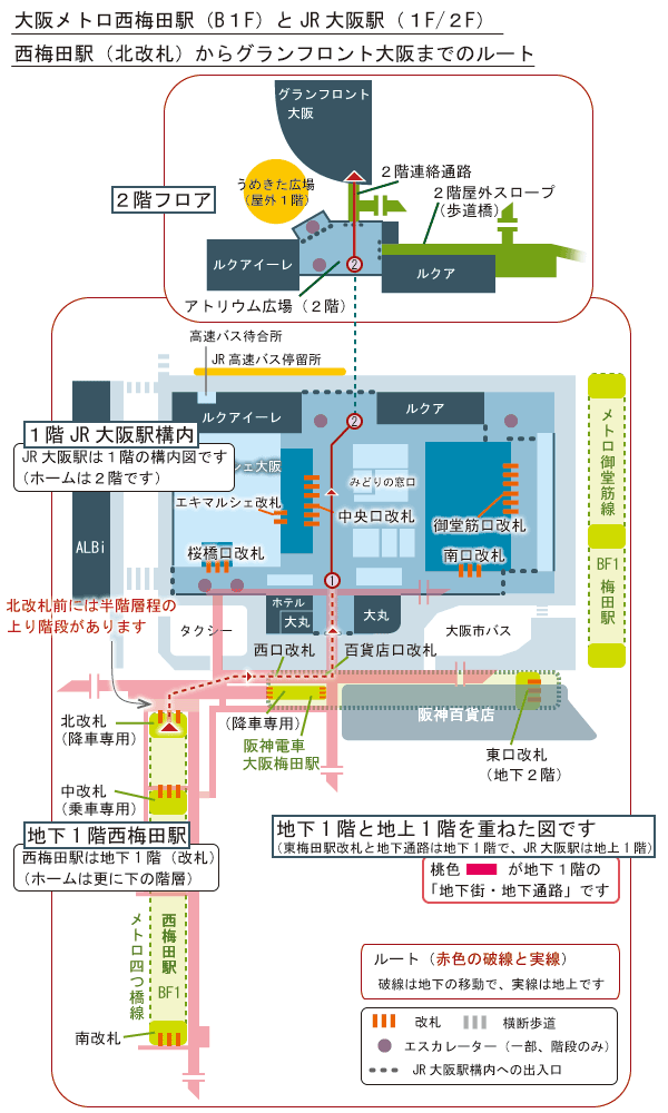 西梅田駅からグランフロント大阪までのルート簡略地図