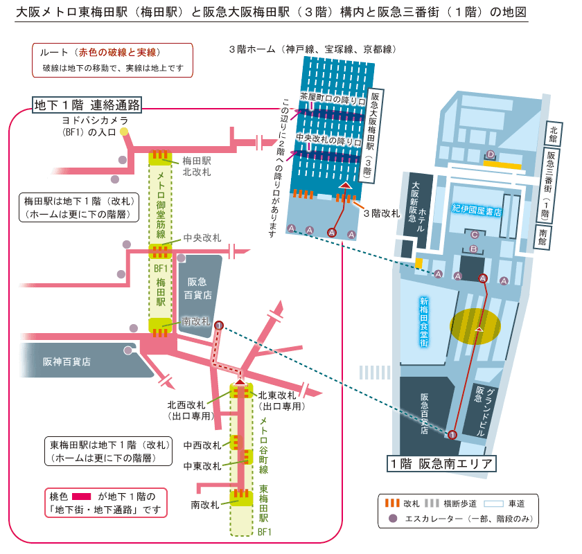 東梅田駅から阪急大阪梅田駅のルート簡略地図