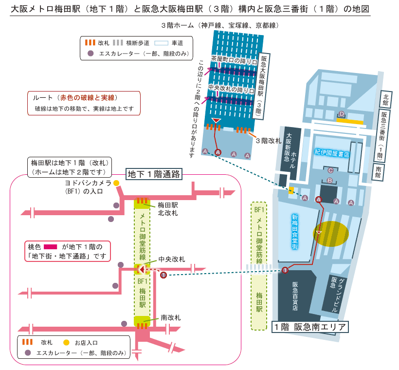 阪急大阪梅田駅3階から梅田駅のルート簡略地図