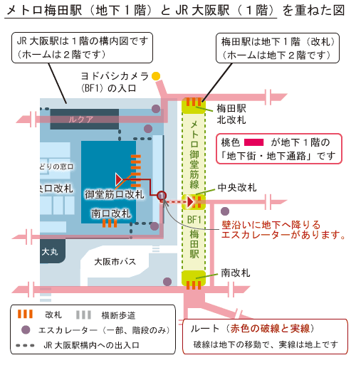 JR大阪駅から梅田駅中央改札のルート簡略地図