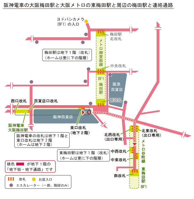 阪神大阪梅田駅から東梅田駅のルート簡略地図