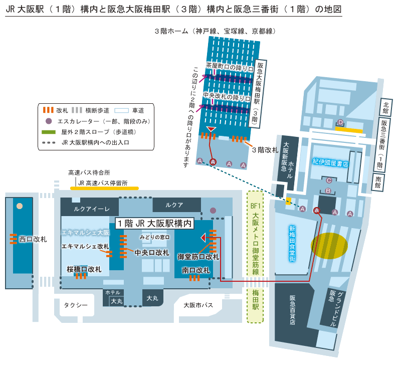 阪急大阪梅田駅からJR大阪駅のルート簡略地図