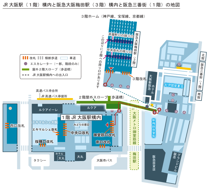 遊歩道を利用する阪急からJR大阪駅のルート簡略地図