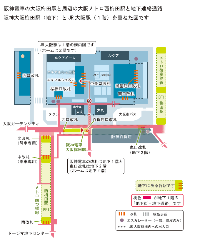 阪神大阪梅田駅からJR大阪駅のルート簡略地図