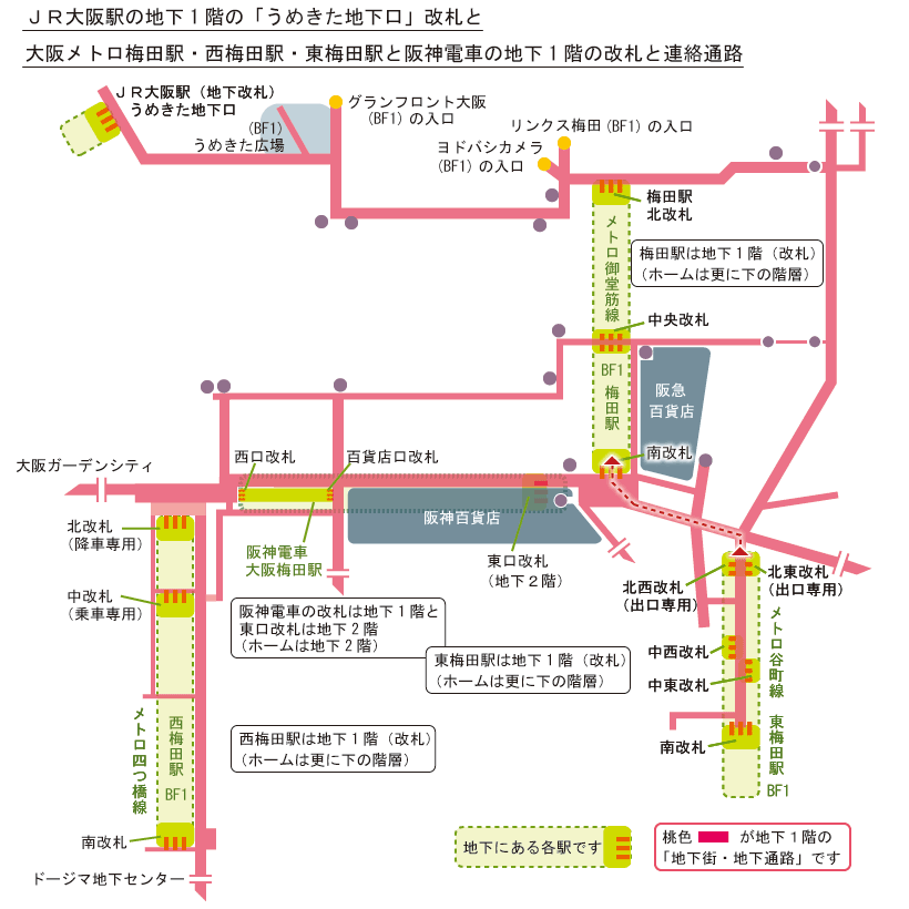 東梅田駅から梅田駅のルート簡略地図