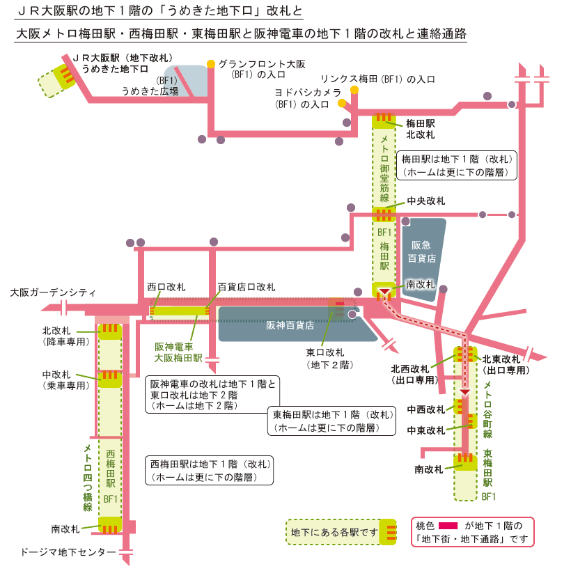 梅田駅から東梅田駅のルート簡略地図