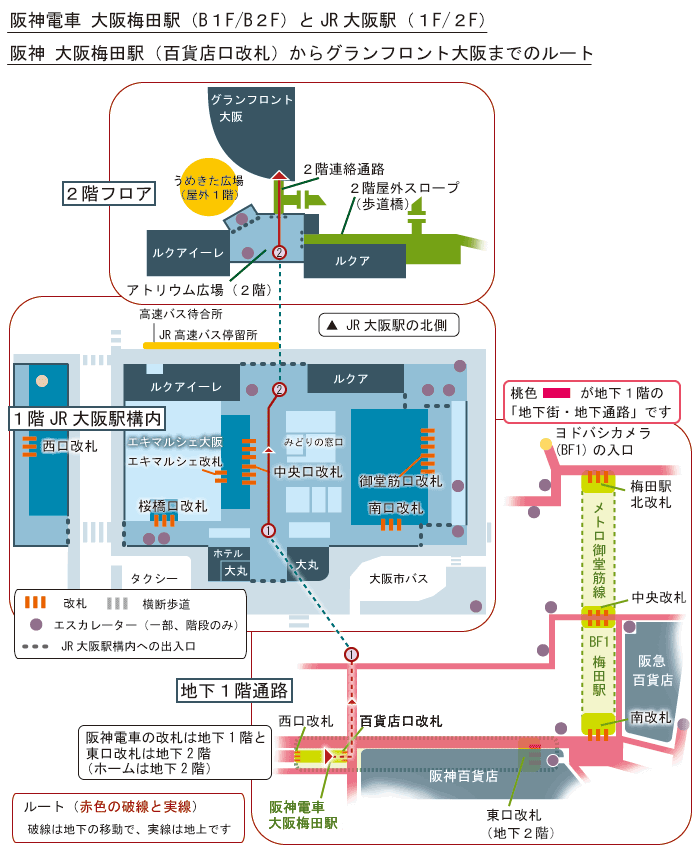 阪神大阪梅田駅からグランフロント大阪までのルート簡略地図